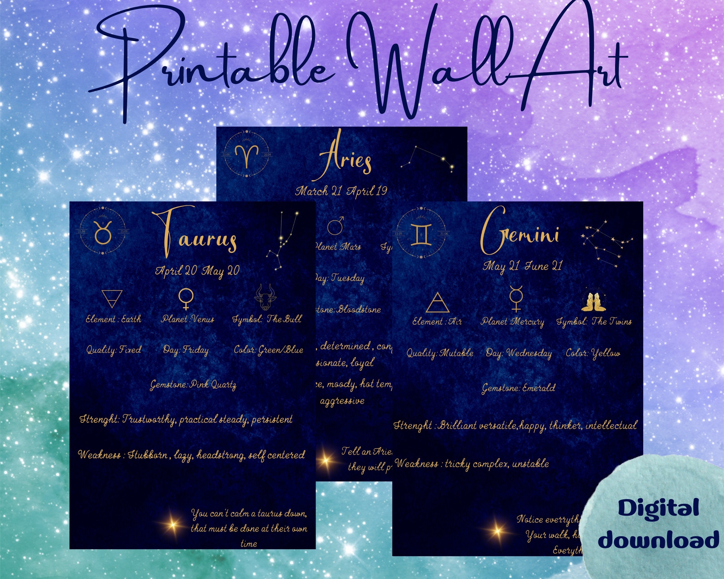 My Zodiac Sign Printable Zodiac Wall Art Digital Information Etsy