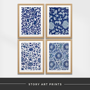 Set van 4 vintage prenten | Marineblauwe muurkunst | Preppy kamerdecor | DIGITALE download