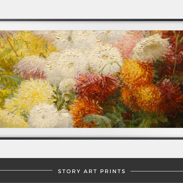 Samsung Frame Tv Art Vintage Chrysanthemum Impasto Painting | Spring Art for Frame TV | Media Console Art