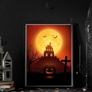 May include: A framed Halloween print featuring a black silhouette of a haunted house against a large, orange moon. Bats fly around the moon and the house has a single lit window. A jack-o'-lantern sits in the foreground.
