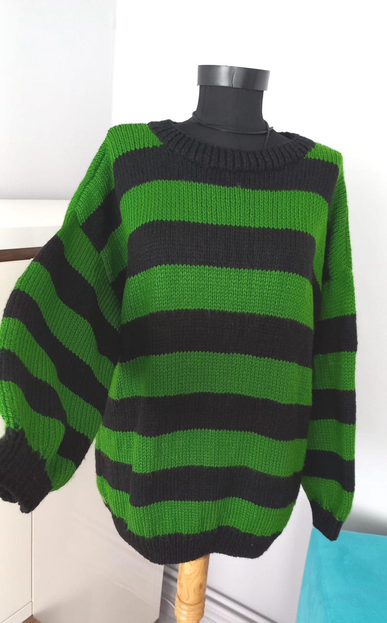 Chunky Patchwork Sweater – Green & Black Retro Knit, Unisex Festival Style. Tate London ınspired sweater image 7