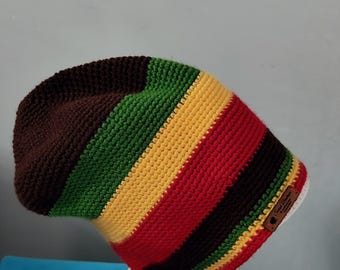 Rasta Crochet Beanie, Brown Reggae Striped Slouchy Hat