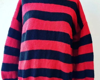 Hand-Knit Kurt Cobain Sweater - Iconic Grunge Style in Black and Red Wool