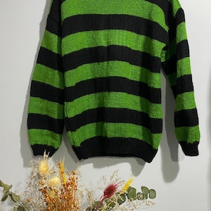 Chunky Patchwork Sweater – Green & Black Retro Knit, Unisex Festival Style