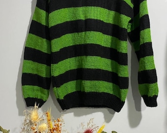 Chunky Patchwork Sweater – Green & Black Retro Knit, Unisex Festival Style. Tate London ınspired sweater