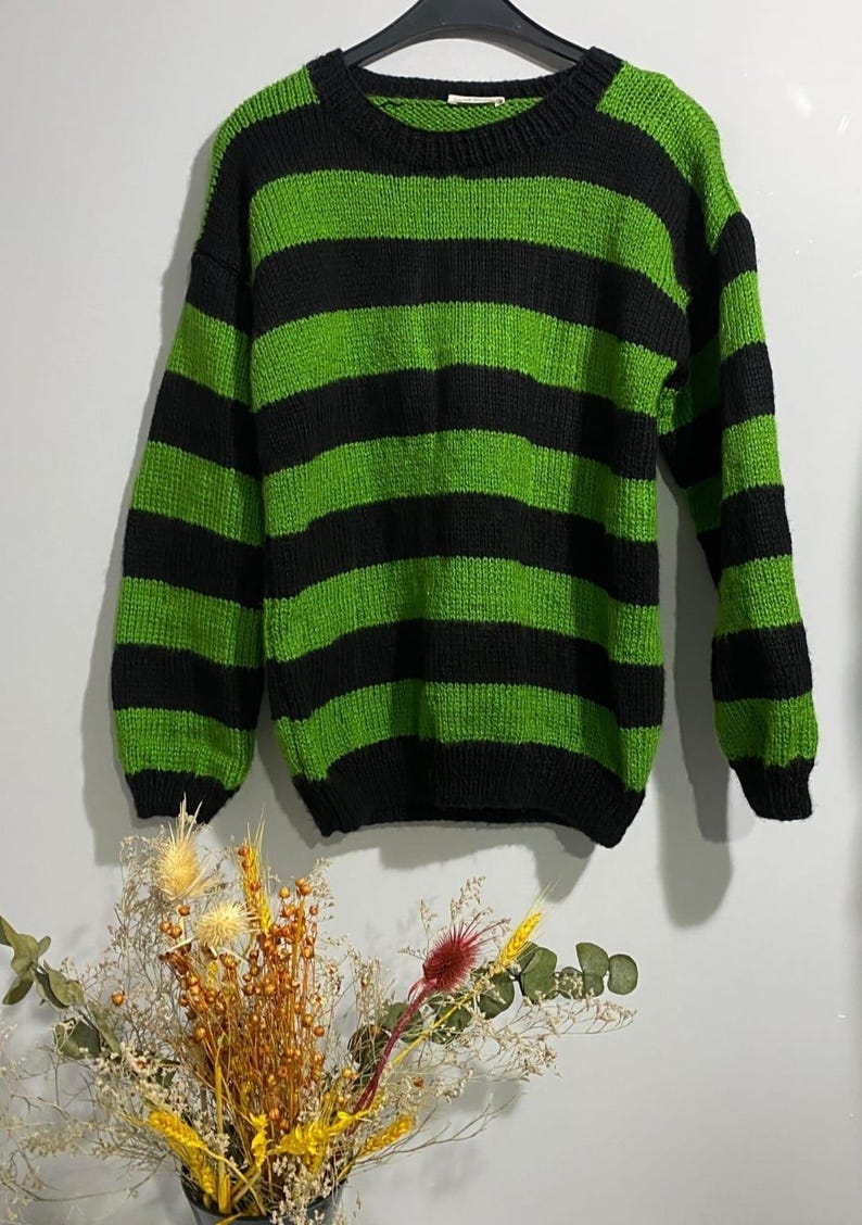Chunky Patchwork Sweater – Green & Black Retro Knit, Unisex Festival Style. Tate London ınspired sweater image 1