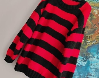 Suéter de rayas rojas y negras tejido a mano: jersey oversize estilo grunge
