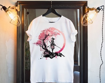 Samurai Warrior T-Shirt: Japanese Anime Culture, Pink Cherry Tree