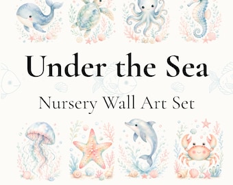 Under the Sea Nursery Wall Art Set | Watercolor Ocean Animals Printable | Pastel Baby Boy Girl Nursery Decor | 8 Prints Digital Download