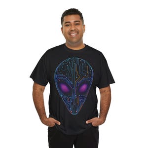 Alien Lover Graphic Tee, Area 52 Unisex Heavy Cotton T-Shirt, Colorful Wires Shirt, Big Alien Tee, Crazy Graphic Shirt, Extraterrestrial