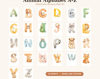 Animal Alphabet Nursery Wall Art | 26 Watercolor ABC Animal Prints + Poster | Printable Educational A-Z Kids Room Decor | Digital Download