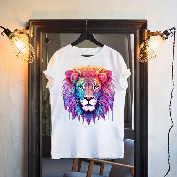 Chemise psychédélique colorée T-shirt tête de lion majestueux Cadeau unique de portrait de lion pour les amoureux des animaux T-shirt Coton 100% Taille S - 5XL