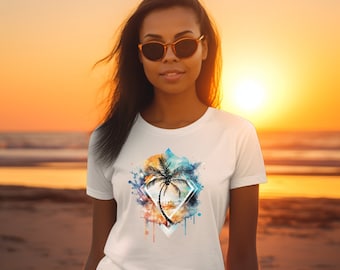 Retro Palm Tree T-Shirt, Watercolor Beach Design