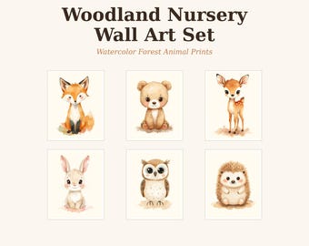 Woodland Nursery Wall Art Set of 6 | Watercolor Forest Animal Prints | Printable Neutral Baby Room Decor | Fox Deer Bear | Digital Download