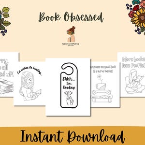 Folhas para colorir obcecadas por livros, páginas imprimíveis de obcecadas por livros, páginas para colorir para adultos, download instantâneo, folhas para colorir para imprimir,