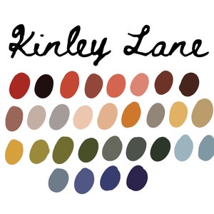 May include: A color palette with the text "Kinley Lane" at the top. The palette features 30 different colors in a variety of shades, including red, orange, yellow, green, blue, and brown.