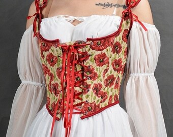 Felicia Corset | A Cottagecore Milkmaid -Inspired Floral Lace-Up Corset, Red Renaissance Waist Cincher, Vintage-style  Trimmer