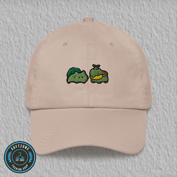 Bonnet papa brodée turtwig et bulbasaur - chapeau brodé anime, chapeau brodé manga, chapeau papa