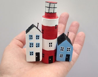 Handmade tiny wooden houses and lighthouse scene. Perfect Father's Day, summer, birthday gift. Unique ornament.