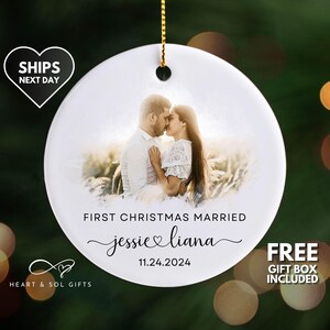 First Christmas Married Ornament, Custom photo keepsake gift for married couple, Personalized Christmas Picture Ornaments for Newlyweds