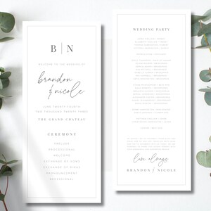 May include: Wedding ceremony program with a white background and black text. The program includes the names Brandon and Nicole, the date June 24th, 2023, and the location The Grand Chateau. The program also includes a list of the wedding party and the ceremony order.