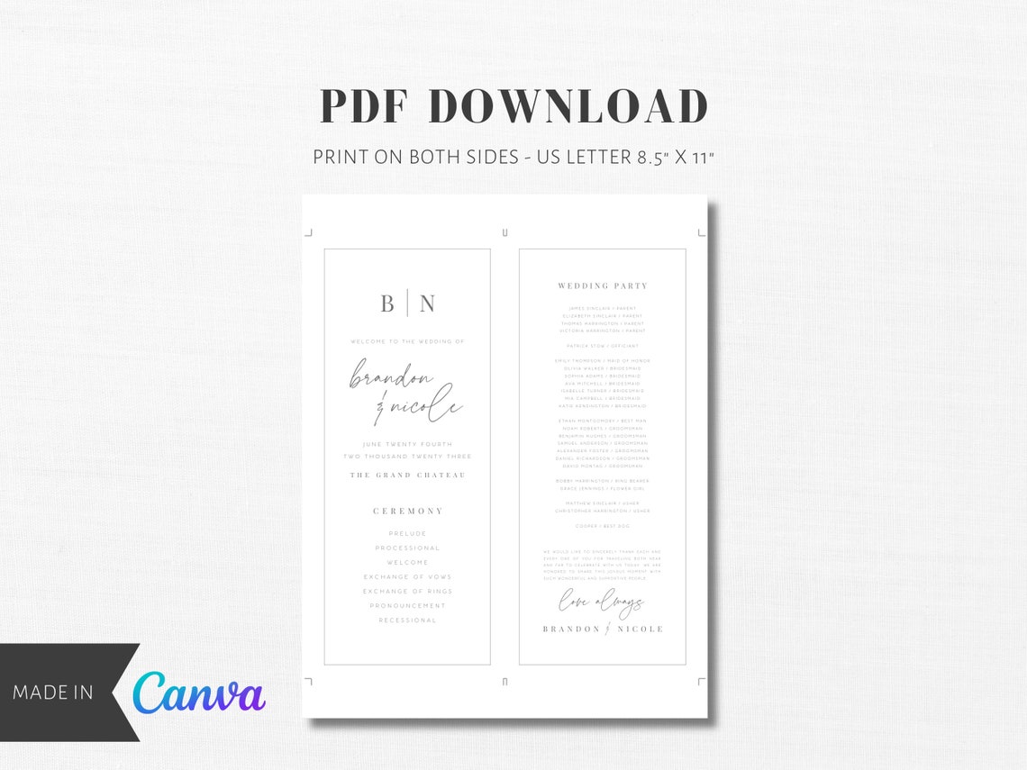 Modern Wedding Program Template, Wedding Ceremony Program, Canva ...