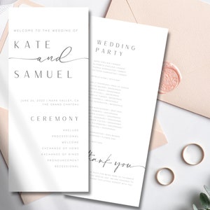 May include: Wedding ceremony program with the names Kate and Samuel, the date June 24, 2023, and the location Napa Valley, CA. The Grand Chateau. The program lists the order of events for the ceremony, including prelude, processional, welcome, exchange of vows, exchange of rings, pronouncement, and recessional. The second page lists the wedding party.