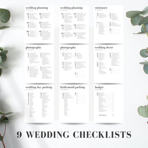 May include: Nine printable wedding checklists in black and white text on a white background. The checklists include wedding planning, stationary, photography, wedding decor, wedding day packing, bridesmaid packing, and budget.