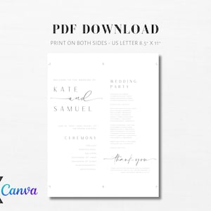 May include: Printable wedding ceremony program template with a white background and black text. The program includes the names "Kate and Samuel" and the text "Wedding Party" and "Ceremony".
