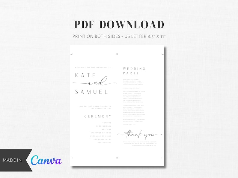 May include: Printable wedding ceremony program template with a white background and black text. The program includes the names "Kate and Samuel" and the text "Wedding Party" and "Ceremony".