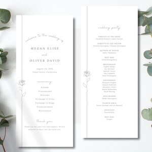 May include: A wedding ceremony program with a simple design featuring a line drawing of a rose. The program includes the names of the bride and groom, Megan Elise and Oliver David, the date and location of the wedding, and a list of the wedding party members.