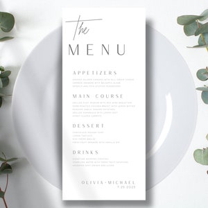 May include: A minimalist wedding menu with a white background and black text. The menu includes appetizers, main course, dessert, and drinks. The bottom of the menu includes the names Olivia and Michael and the date 7.25.2025.
