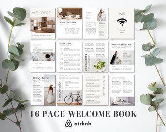 Plantilla moderna de libro de bienvenida de Airbnb: Guía de Canva de 16 páginas (PDF)