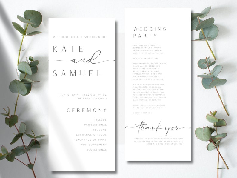 May include: Wedding ceremony program with the names Kate and Samuel, the date June 24, 2023, and the location Napa Valley, CA. The Grand Chateau. The program lists the order of events for the ceremony, including prelude, processional, welcome, exchange of vows, exchange of rings, pronouncement, and recessional. The second page lists the wedding party with the names of the bridesmaids, groomsmen, and other attendants. The text "Thank you" is written in cursive at the bottom of the page.