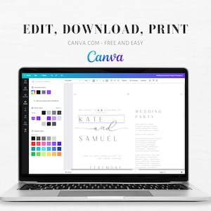 May include: A laptop computer screen displaying a wedding program template on Canva.com. The template is for a wedding ceremony and reception for Kate and Samuel. The text "WELCOME TO THE WEDDING OF" is at the top of the page, followed by the names "KATE and SAMUEL". The text "WEDDING PARTY" is at the top right of the page. The template is in a minimalist style with a light gray background and black text.