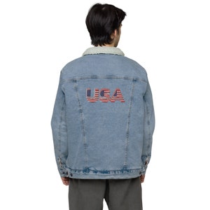Embroidered USA Denim Jacket: Recycled Sherpa Lined