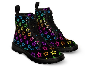 Neon Colored Stars Rainbow Women's Canvas Boots, Gift for Her, Valentine's Day, Teen, Back to School, Spring Break, Sister, Daughter, Grunge