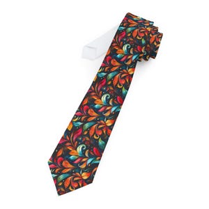 Floral Men&#39;s Tie: Orange Aqua Black Necktie, Satin Polyester