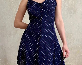 vintage 90s classic navy blue polka dot rayon sleeveless button down summer mini dress