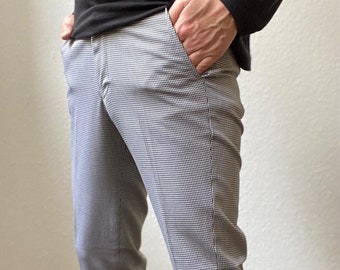 Pantalon classique plissé pied-de-poule noir et blanc style années 60