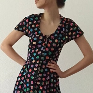 vintage 60s 70s mod boho apple print black a-line floor length maxi dress