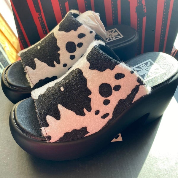 deadstock 90s style vegan black & white faux fur cow print platform mules heels sandals