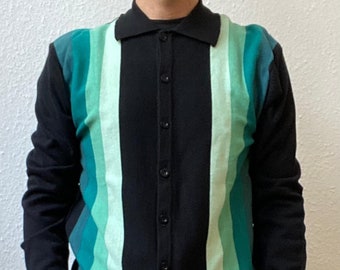 Deadstock Herren-Polo-Cardigan im 60er-Jahre-Stil in Mod-Schwarz und Blaugrün