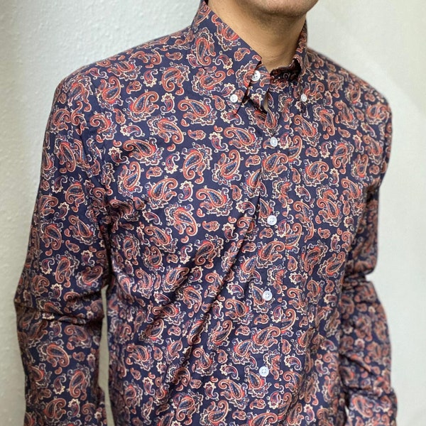 deadstock 60s 70s style hippie navy blue paisley shirt button down