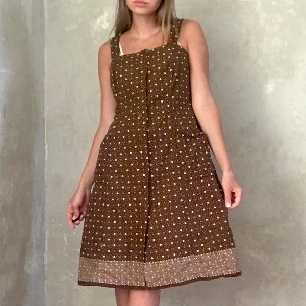 vintage 70s ärmellos Sommerkleid Boho Cottagecore braun aus Baumwolle
