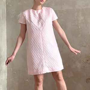 vintage 60s 70s mod baby pink beaded short sleeve mini dress