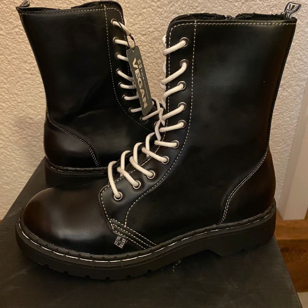 deadstock T. U. K. black vegan leather white stitch lace up boots