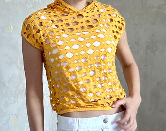 vintage yellow cutout top — 90s fishnet cropped t-shirt with hood