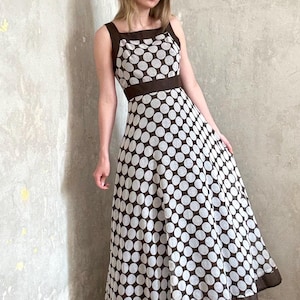 vintage 70s mod polka dot brown & white sleeveless summer maxi dress