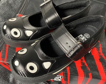 deadstock vegan leather T. U. K. Mary Jane Kitty shoes with skull and bones sole